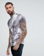 Religion Muscle Fit High Neck T-shirt In White With Palm Tree Print - Blue