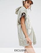 Jaded X Granted Hooded Sweat Dress In Distressed Fabric - Cream