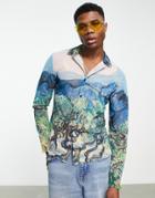 Asos Design Stretch Skinny Shirt In Mesh With Van Gogh Art Placement Print-blue