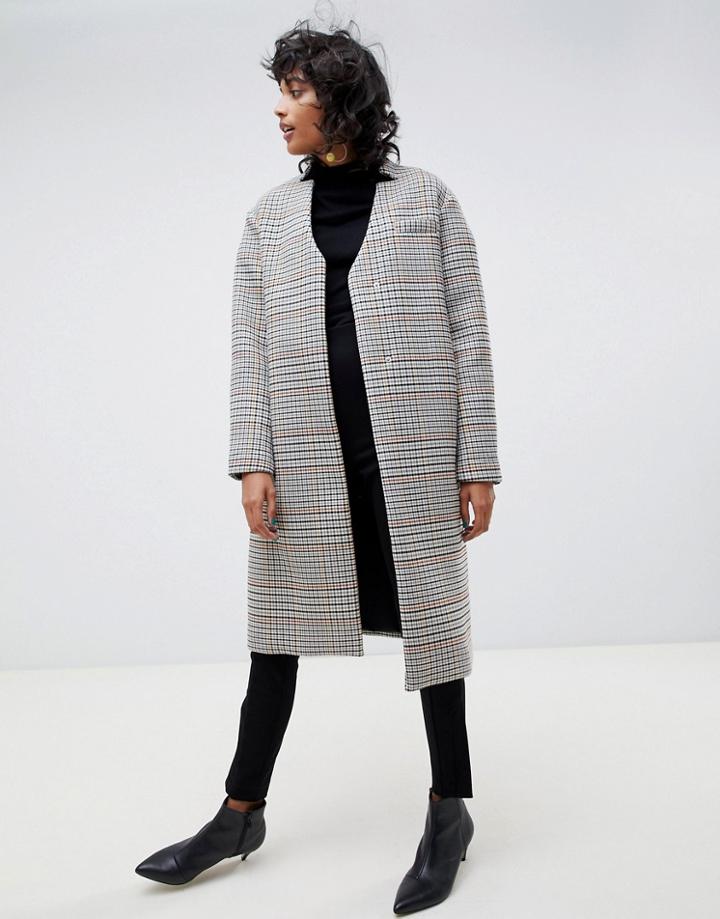 Asos White Check Coat With Neck Tie Detailing - Multi