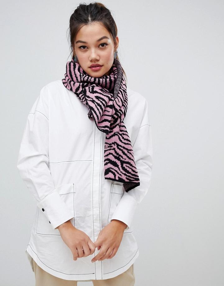Asos Design Zebra Print Knitted Scarf - Pink