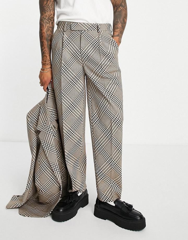 Asos Design Oversized Tapered Suit Pants With Bias Check In Brown