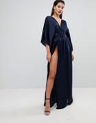 Flounce London Wrap Front Kimono Maxi Dress With Double Thigh Splits And Bodysuit - Navy