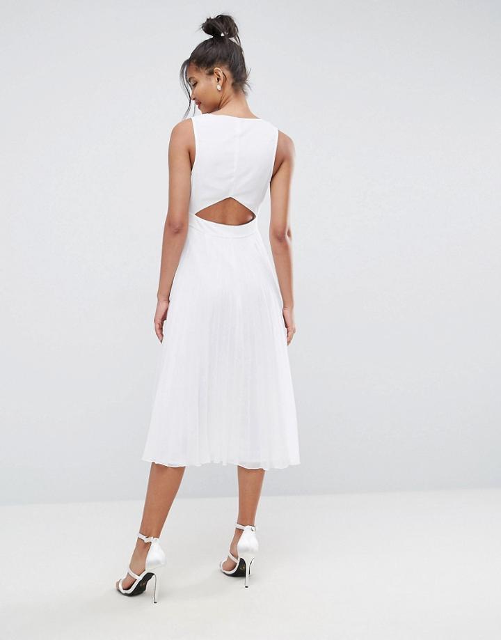 Asos Sheer And Solid Side Paneled Pleated Cut Out Back Midi Dress - White