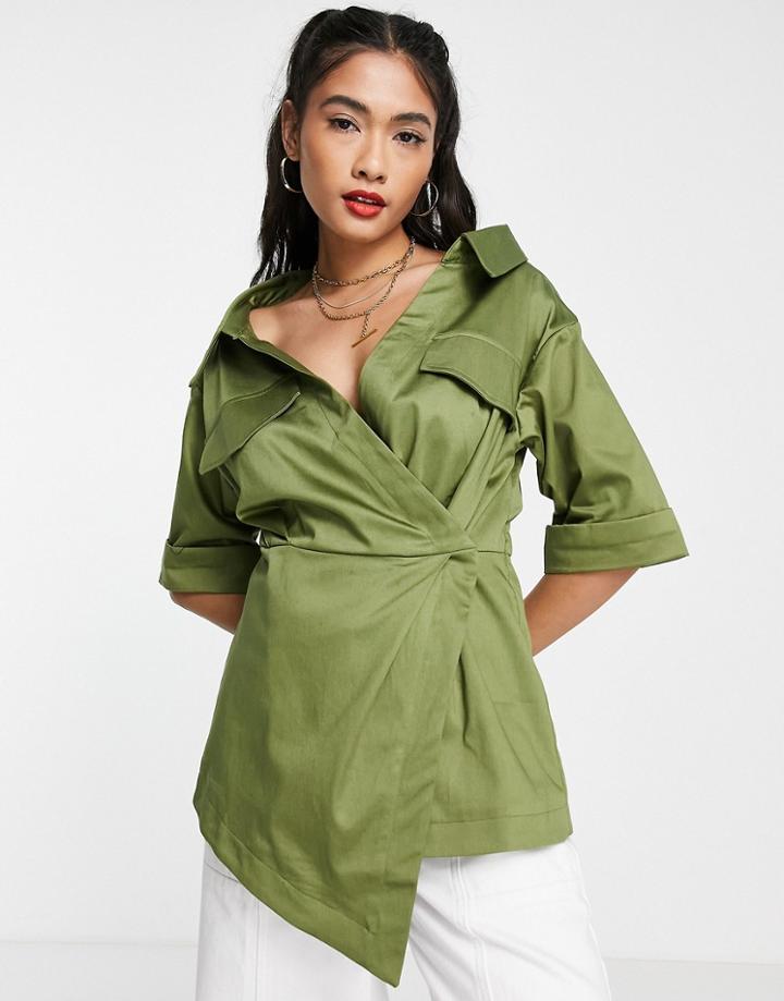 Topshop Premium Utility Wrap Shirt In Green