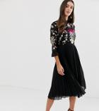 Asos Design Tall Embroidered Pleated Midi Dress With Fluted Sleeve - Black