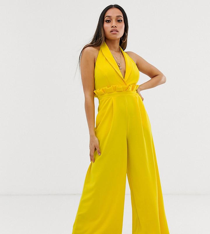 Asos Design Petite Halter Paperbag Wide Leg Jumpsuit - Yellow