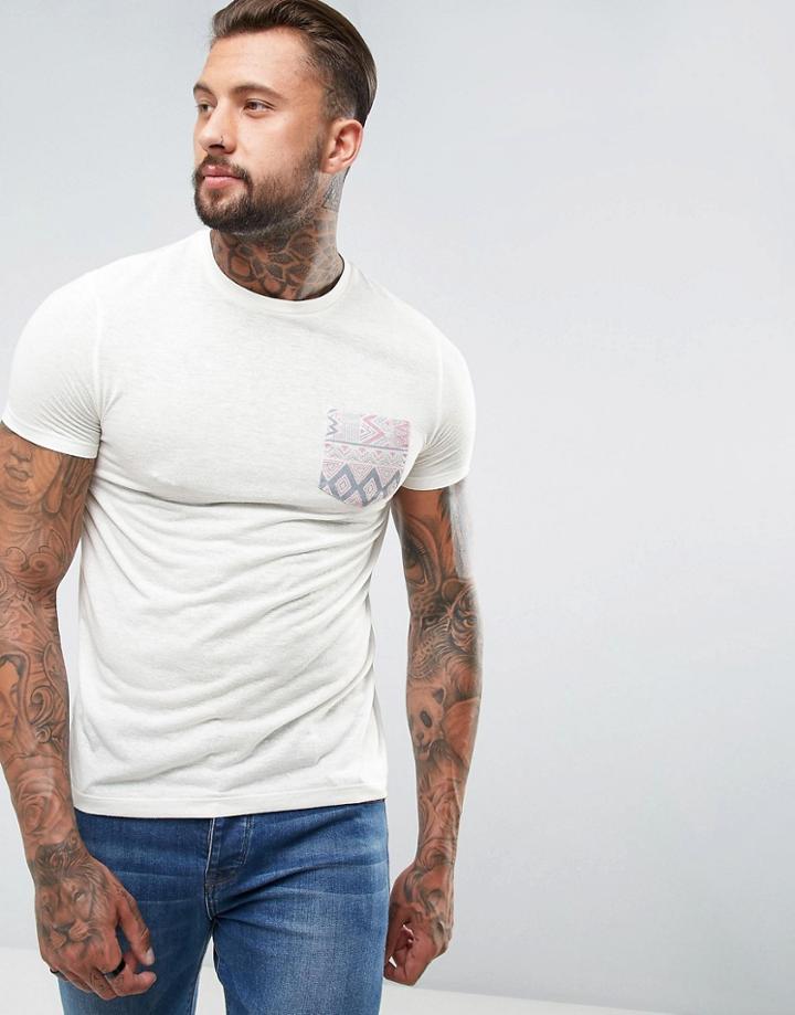 Asos T-shirt With Geo-tribal Pocket In Linen Mix - White
