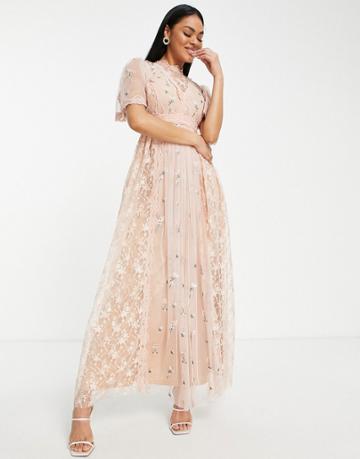 Frock And Frill Bridesmaid Maxi Dress In Floral Blush-pink
