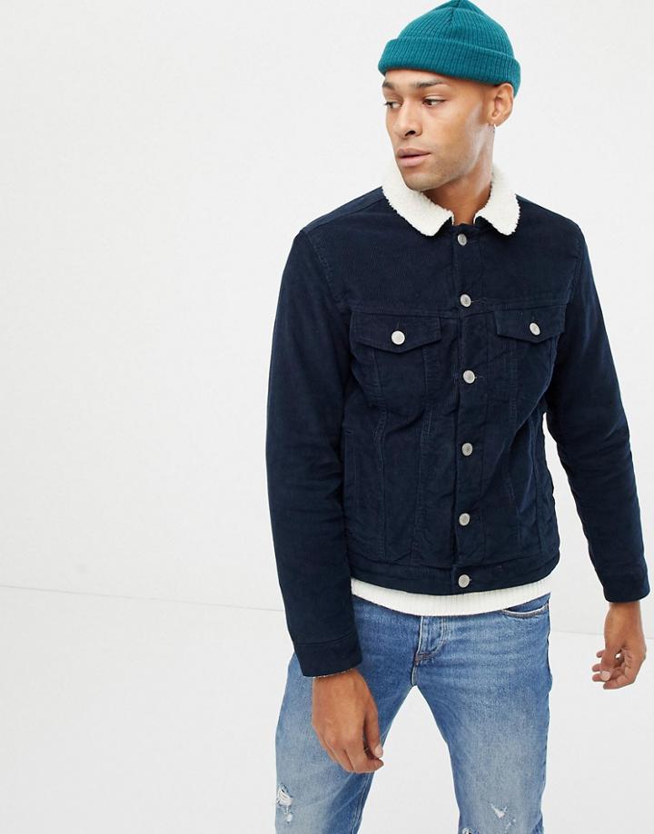 Jack & Jones Cord Jacket With Teddy Collar - Navy