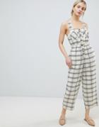 Asos Design Jumpsuit With Elasticated Waist And Button Detail In Check-cream