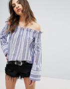 Nobody's Child Off The Shoulder Top In Stripe - Blue