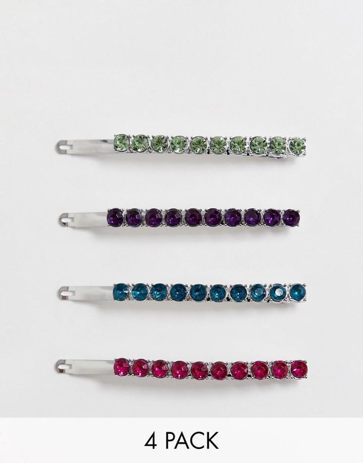 Asos Design Pack Of 4 Hair Slides In Colored Stones - Multi