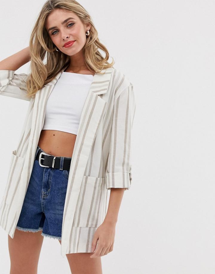 Pull & Bear Striped Linen Blazer In Beige - Beige
