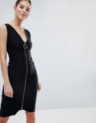 Vesper Zip Through Midi Pencil Dress With Ring Detail - Black