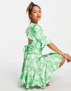 River Island Jacquard Floral Open Tie Back Top In Green - Part Of A Set
