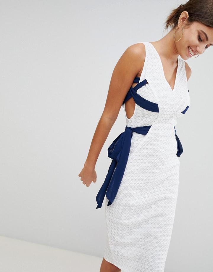 Prettylittlething Contrast Tie Lace Midi Dress - White