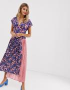 Liquorish Pleated Midaxi Spliced Dress In Floral And Polka-multi