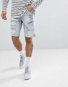 Asos Denim Shorts In Slim Light Wash With Heavy Rips - Blue