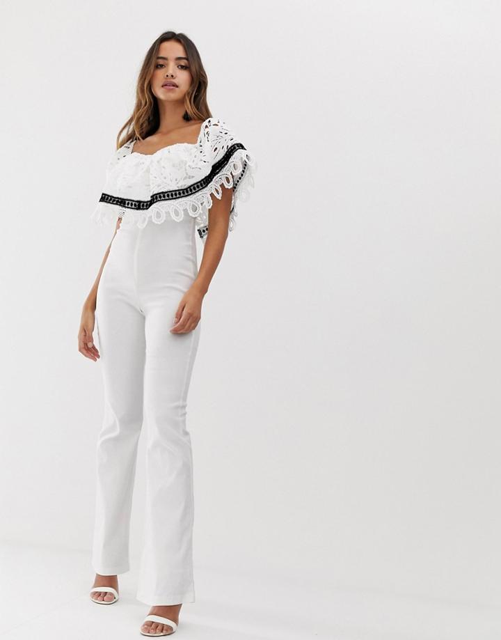 Forever U Bardot Jumpsuit With Crochet Lace Trim - White