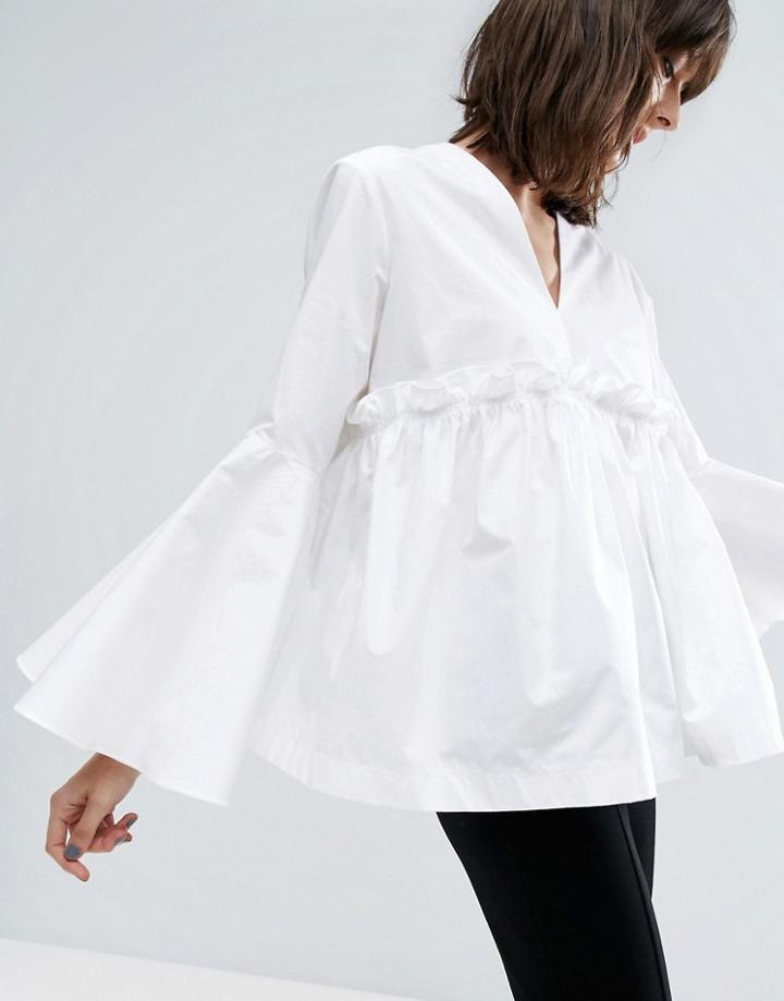 Asos White Ruffle Yoke Bell Sleeve Top - Multi