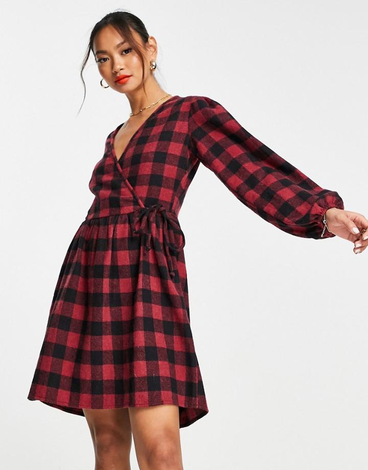 Trendyol Long Sleeve Checked Mini Dress In Red
