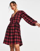 Trendyol Long Sleeve Checked Mini Dress In Red