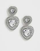 Asos Design Earrings With Double Drop Crystal Heart In Silver Tone - Silver