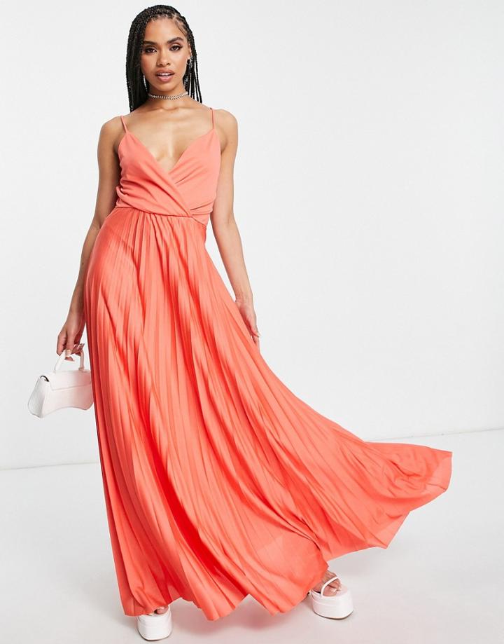 Asos Design Recycled Polyester Tie Waist Pleated Maxi Dress In Coral Pink-multi