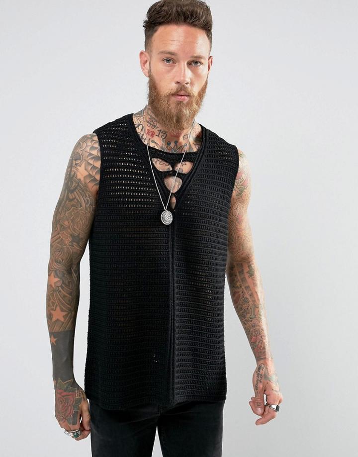 Asos Sleeveless Textured Tank With Crochet Detail In Black - Black