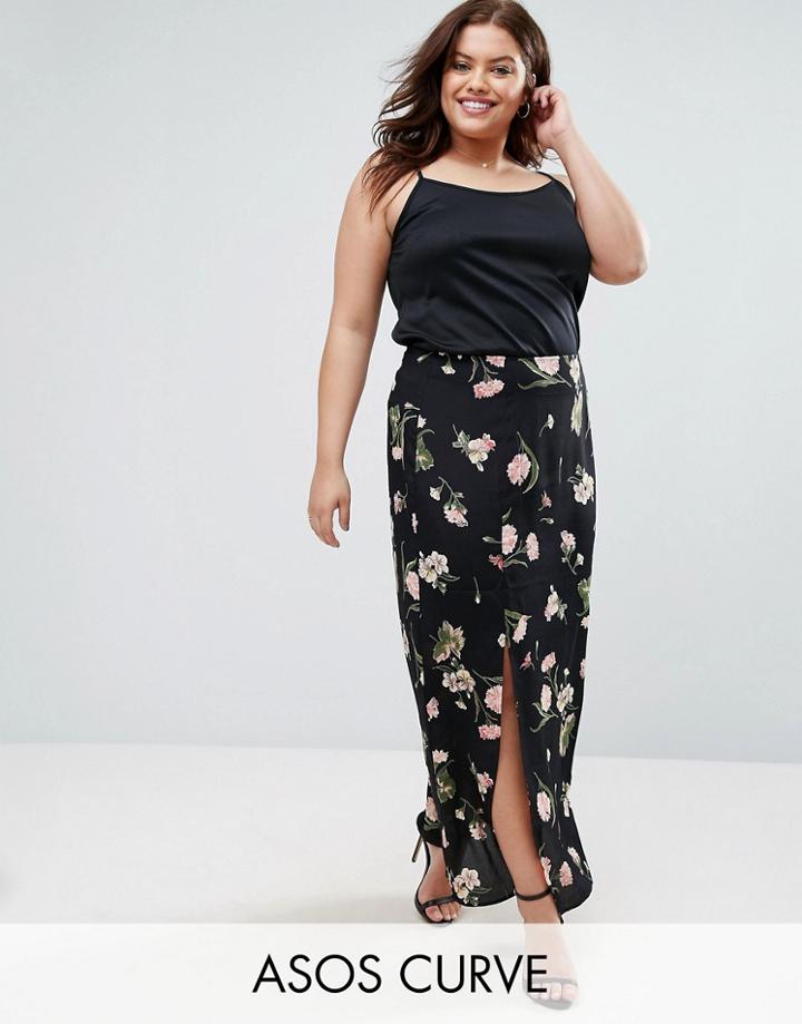 Asos Curve Maxi Skirt With Splices In Floral Print - Multi