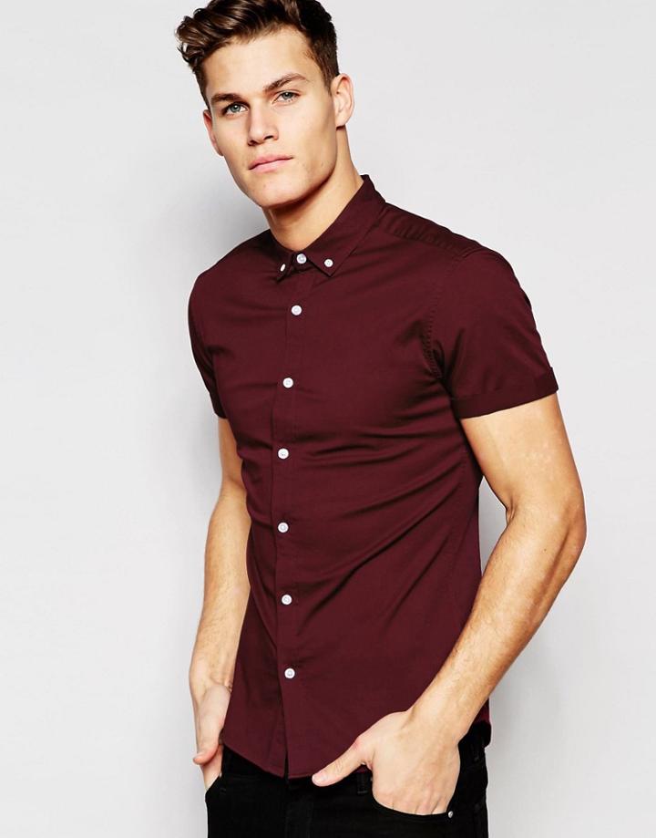 Asos Skinny Shirt In Burgundy Twill With Short Sleeves - Burgundy