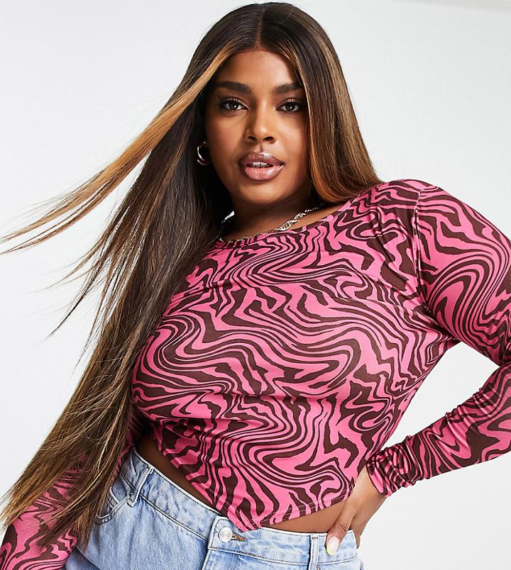 Asos Design Curve Scarf Hem Top In Pink Marble Print-multi