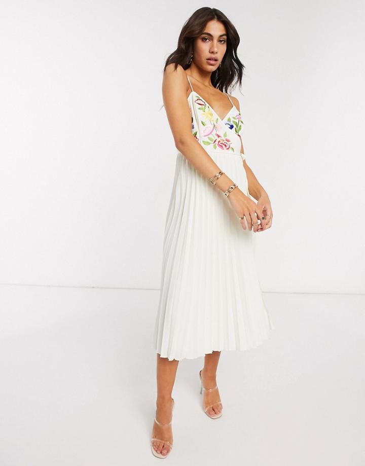 Asos Design Embroidered Pleated Cami Wrap Midi Dress In Cream-white