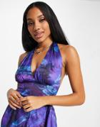 Asos Design Satin Halter Scarf Top In Blue Blur Print - Part Of A Set-multi