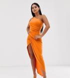 John Zack Petite One Shoulder Asymmetric Midi Dress With Thigh Split In Orange