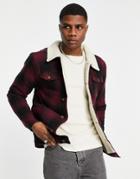 Le Breve Check Jacket With Sherpa Lining And Collar In Burgundy-red