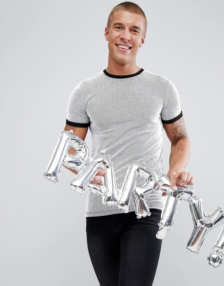 Asos Muscle T-shirt In Silver Metallic Fabric - Silver