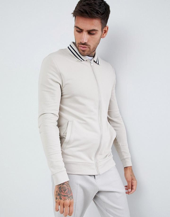 Asos Design Muscle Jersey Harrington Jacket In Beige With Tipping - Beige