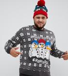 Brave Soul Plus Holidays Chilling Snowmen Sweater - Gray