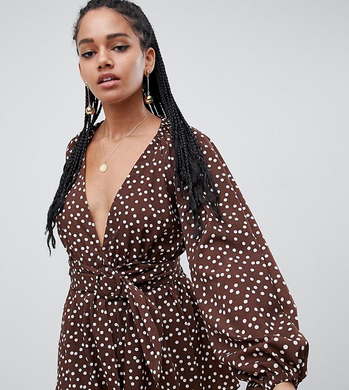 Asos Design Plunge Top With Kimono Sleeve And Belt In Polka Dot - Multi