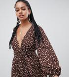 Asos Design Plunge Top With Kimono Sleeve And Belt In Polka Dot - Multi