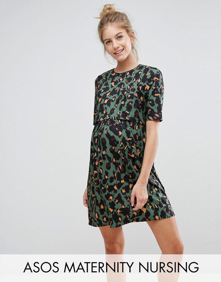Asos Maternity Nursing Double Layer Dress In Animal Print - Green