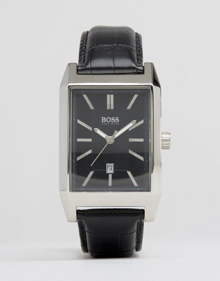 Hugo Boss Square Face Leather Watch In Black - Black