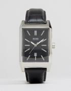 Hugo Boss Square Face Leather Watch In Black - Black