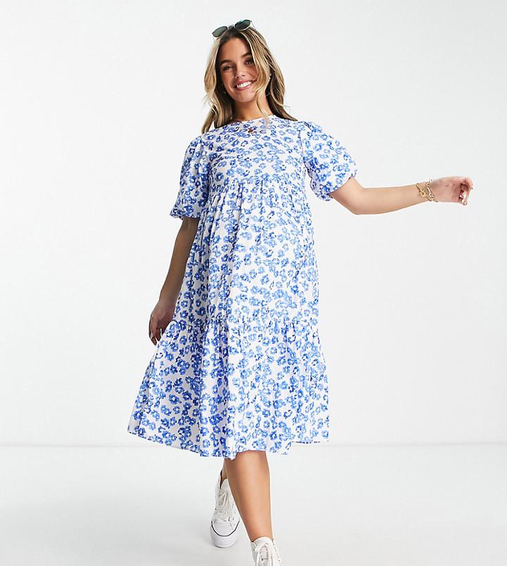 Glamorous Bloom Tiered Midi Smock Dress In Blue Floral-white