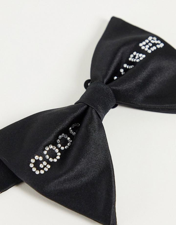 Asos Design Oversized Bow Tie In Black With Rhinestone Text