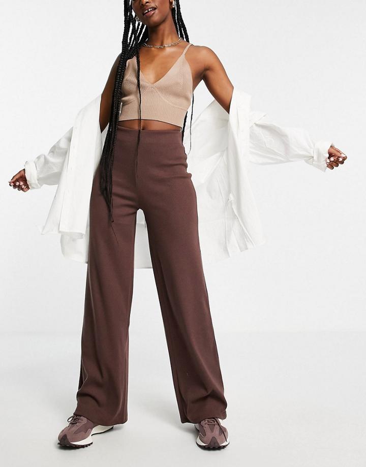 Asos Design Rib Dad Pant In Chocolate-brown
