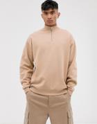 Asos Design Oversized Sweatshirt With Half Zip In Beige