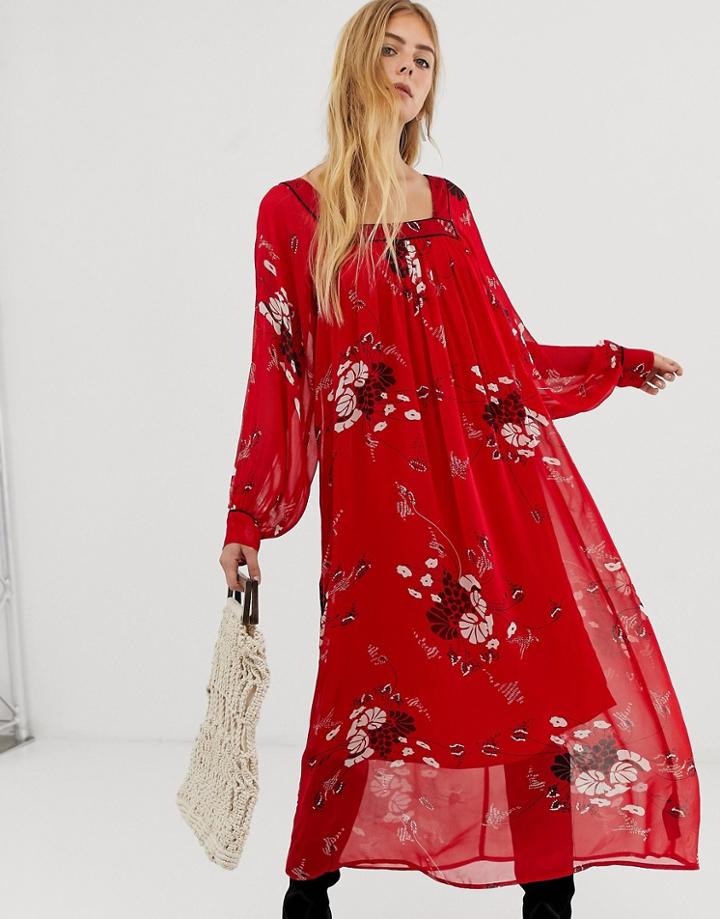 Asos Design Floaty Square Neck Maxi Dress With Piping In Floral Print - Multi